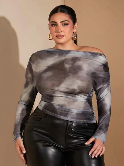 SHEIN BAE 大码印花不对称领口褶皱修身网纱长袖T恤 大理石纹上衣