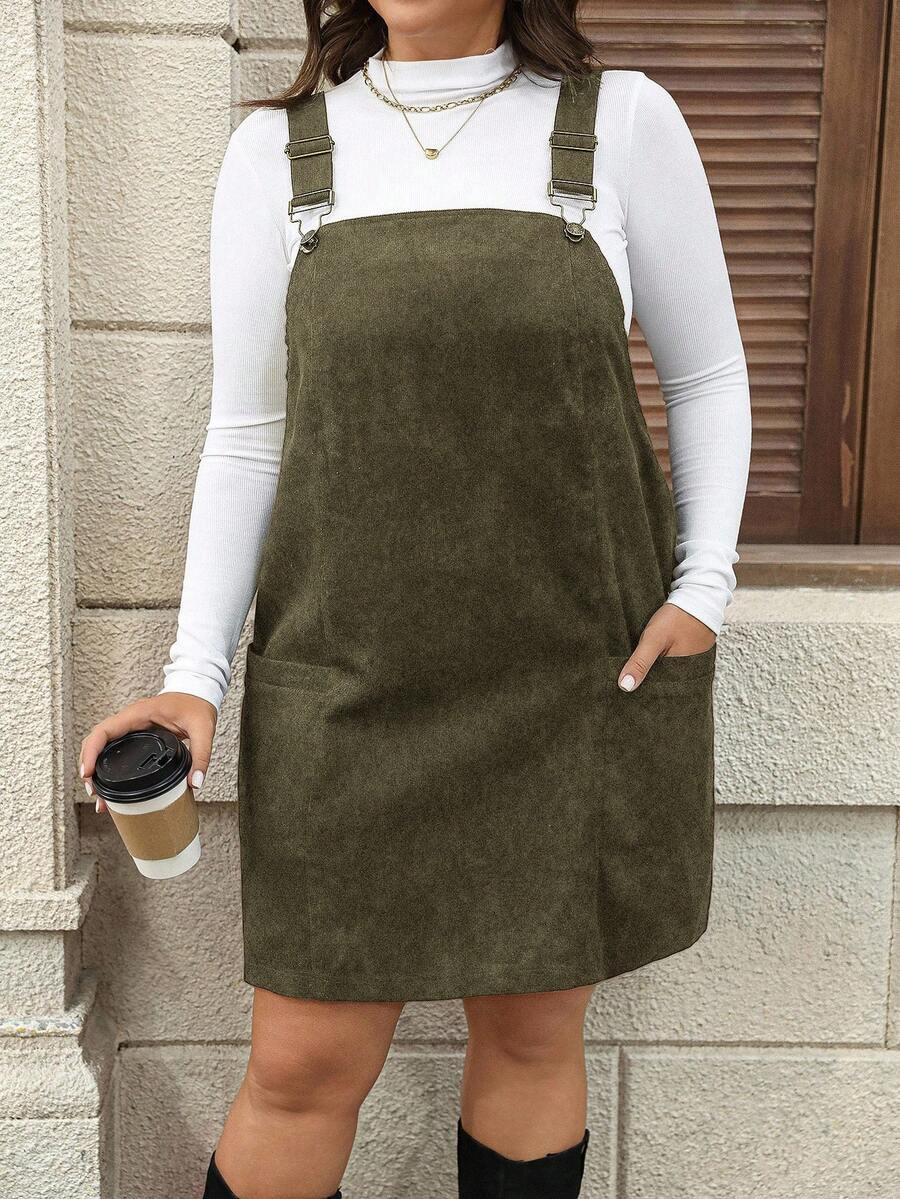 SHEIN LUNE Đầm nhung kẻ đen cỡ lớn dành cho nữ có túi và dây đeo vai điều chỉnh được, đầm cho nữ, trang phục Lễ Tạ ơn, trang phục Năm mới, đầm mùa đông, quần áo mùa đông, trang phục dự tiệc, đầm liền quần. - xanh quân đội - Xem 1