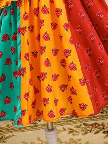 SHEIN Young Girl Floral Print Asymmetrical Ruffle Dress, Red Summer Matching Family Vacation Holiday Islamic Gift, Young Girls Casual Modest Jalabiya - Red - View 7