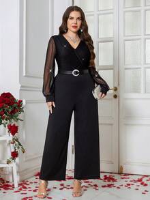 SHEIN Clasi 大码女式亮面交叉V领网纱灯笼袖优雅连体裤 - 黑色 - 查看 9