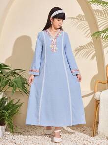 Sparklyn 1件斋月女童长袍，蝴蝶装饰，蓬松球状面料，V领，荷叶边袖设计，传统阿拉伯服饰 - 淺藍色 - 查看 4