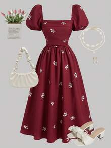 SHEIN Girlism 少女春夏白色玫瑰泡泡袖胸前褶皱腰部褶皱A字中长连衣裙，花卉图案，优雅奢华，度假风，情人节，假日 - 紅色 - 查看 1