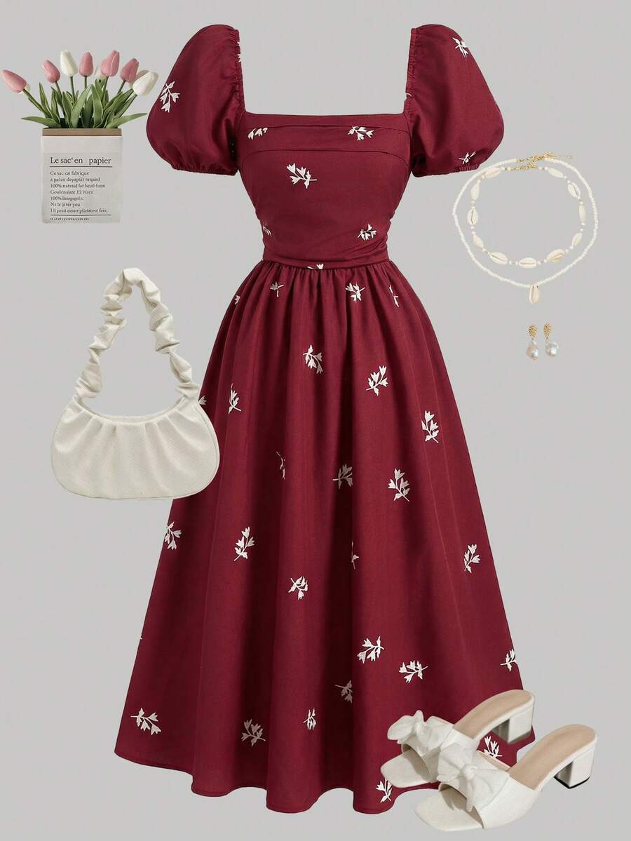 SHEIN Girlism 少女春夏白色玫瑰泡泡袖胸前褶皱腰部褶皱A字中长连衣裙，花卉图案，优雅奢华，度假风，情人节，假日 - 紅色 - 查看 1