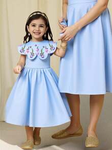 Young Girl Elegant Embroidered Waist Flared Midi Dress - Blue - View 2