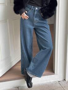 DAZY Quần jeans ống rộng cạp cao lót giữ nhiệt, màu đen, dáng suông dành cho nữ, thích hợp cho mùa thu/đông. - Rửa trung bình - Xem 7