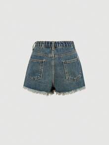 SHEIN Girlism Pantalones cortos vaqueros azules rasgados y deshilachados de estilo casual de verano para niñas preadolescentes, conjuntos de primavera, atuendos de rave, festivales y uso diario - Azul - Ver 2