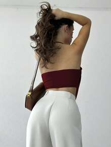 Firerie 女士优雅时尚派对扎染印花网纱垂褶领吊带背心 - 酒紅色 - 查看 2