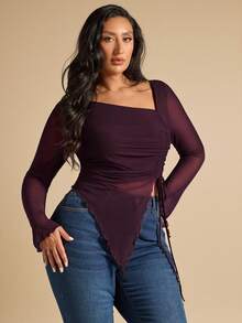 SHEIN BAE Camiseta de mujer talla grande de unicolor con cuello asimétrico, manga larga, dobladillo con cordón, dobladillo dividido, top de fiesta de té, top de mujer talla grande, top de verano para damas, top de fiesta para mujeres, Navidad, estilos acogedores de otoño e invierno, Acción de Gracias para mujeres, top de graduación, invierno para mujeres, top de noche, para mujeres talla grande, top formal, Año Nuevo, Día de San Valentín, top de cumpleaños talla grande, elegante, top sexy, top de cóctel - Café integral - Ver 6