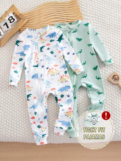 Baby Boy Knit Crew Neck Long Sleeve Top And Pants 2-Piece Pajama Set, Colorful Dinosaur Digital Print, Comfortable And Fashionable, Spring/Summer