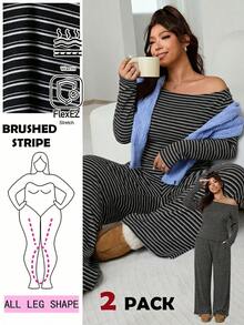 Solflare 2025秋冬新款休闲日常穿搭，适合派对、约会、度假、居家等多种场合。圆领长袖修身不对称T恤搭配宽松长裤，蓝色条纹，米色针织，条纹，舒适大码两件套。 - 黑色 - 查看 1