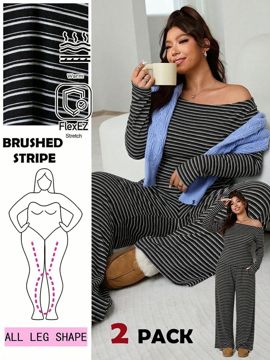 Solflare 2025秋冬新款休闲日常穿搭，适合派对、约会、度假、居家等多种场合。圆领长袖修身不对称T恤搭配宽松长裤，蓝色条纹，米色针织，条纹，舒适大码两件套。 - 黑色 - 查看 1