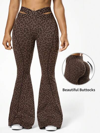 Rhythm Era 1pc Women's Plus Size Seamless Criss-Cross Waistline Slimming Sexy Leopard Print Yoga, Exercise, Gymnastics, Dance Leggings