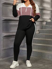 SHEIN LUNE Bộ đồ mùa đông gồm 2 món, cỡ lớn, màu trơn, phối tương phản: áo hoodie và quần có khóa kéo, kiểu dáng casual. - Hồng - Xem 6