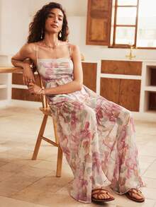 Valentine's Day Bohemian Style Floral Print Mesh Women's Jumpsuit Pajamas - Multicolor - View 5