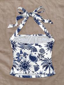 Soleia Casual Minimalist Vacation Bohemian Elegant Retro, Blue & White Palm Tree Floral Print Pattern, Comfortable Women's Halter Neck Fitted Ruched Tank Top Suitable For Spring/Summer Spring - Multicolor - View 2