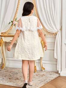 SHEIN Tween Girl Loose Elegant Lace Trim Pearl Decor Textured Fabric Dress,Kids - White - View 3
