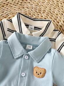 SHEIN Infant Short Sleeve Striped Romper With Polo Neck And Sweet Bear Patch For Everyday Play Casual, Cute And Casual Color-Blocked Striped Collared Button-Down Short-Sleeved Printed Romper For Infants And Toddlers. Available In Light Blue Solid Color And Black And White Striped Knit Fabric, This Two-Piece Set Is Perfect For Everyday Wear And Vacations.2-Piece Newborn Baby Boy Cute Simple Striped Print Ruffled Hem Crew Neck Short Sleeve Top And Pants Knit Set. Elegant Party Dresses. - Blue - View 8
