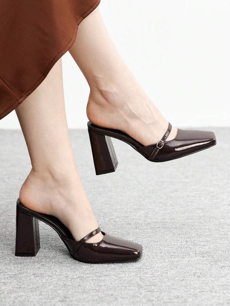 CUCCOO BIZCHIC Women's Square Toe Chunky Heel Silver Button Decor PU Leather Slip-On Shoes, Fashionable Minimalist Comfortable For Daily, Party, Event Spring Shoes