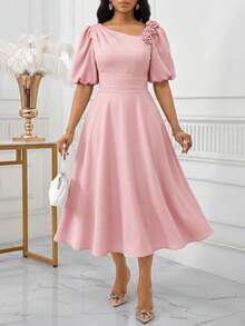 SHEIN Lady Gaun Pesta Elegan Wanita dengan Dekorasi Bunga 3D, Panjang Sedang - Berwarna merah muda - View 4