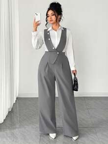 SHEIN Tall CURVE Bộ jumpsuit không tay cổ chữ V sâu, nhiều cúc phía trước, vạt áo bất đối xứng, thời trang dành cho nữ cỡ lớn, phù hợp cho mùa xuân/hè, đi học, nghỉ lễ, tốt nghiệp, các ngày lễ, Ngày Valentine, Giáng sinh, lễ hội âm nhạc, Ngày của Mẹ, Halloween, Lễ Tạ ơn, Lễ Phục sinh, Ngày Quốc khánh, khiêu vũ, hẹn hò, tiệc tùng, đám cưới, các hoạt động ngoài trời. - Xám - Xem 7