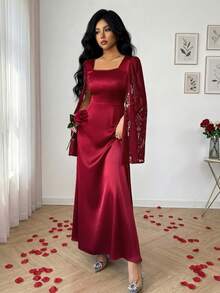 Elenzga 女士优雅蕾丝边收腰A字连衣裙，酒红色，适合春季和情人节约会的精致派对装扮 - 酒紅色 - 查看 1