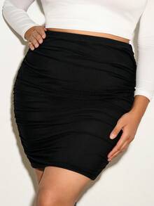SHEIN Tall CURVE 女式大码黑色针织百褶裙，紧身款 - 黑色 - 查看 3