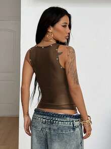 Coolane 夏季女士休闲外出街头风复古Y2K基础款V领弹力背心棕色吊带衫 - 棕色 - 查看 6