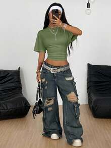 Coolane 女士夏季极简主义 Y2K 基础日常休闲返校街头风弹力白色宽松褶皱短款T恤 - 綠色 - 查看 5