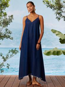 Travachic Women's Dark Blue Denim Spaghetti Strap Long Dress - Spring/Summer Vacation Outfit,Holiday Outfits - Dark Wash - View 1