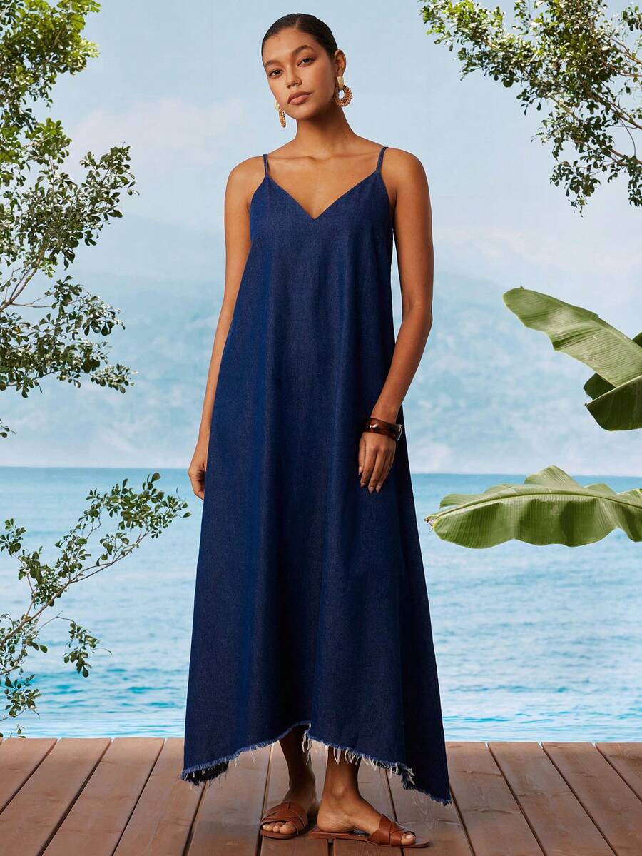 Travachic Women's Dark Blue Denim Spaghetti Strap Long Dress - Spring/Summer Vacation Outfit,Holiday Outfits - Dark Wash - View 1
