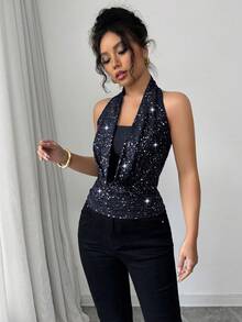 Elenzga 女士深V领露背亮面吊带背心 - 藏蓝色 - 查看 4