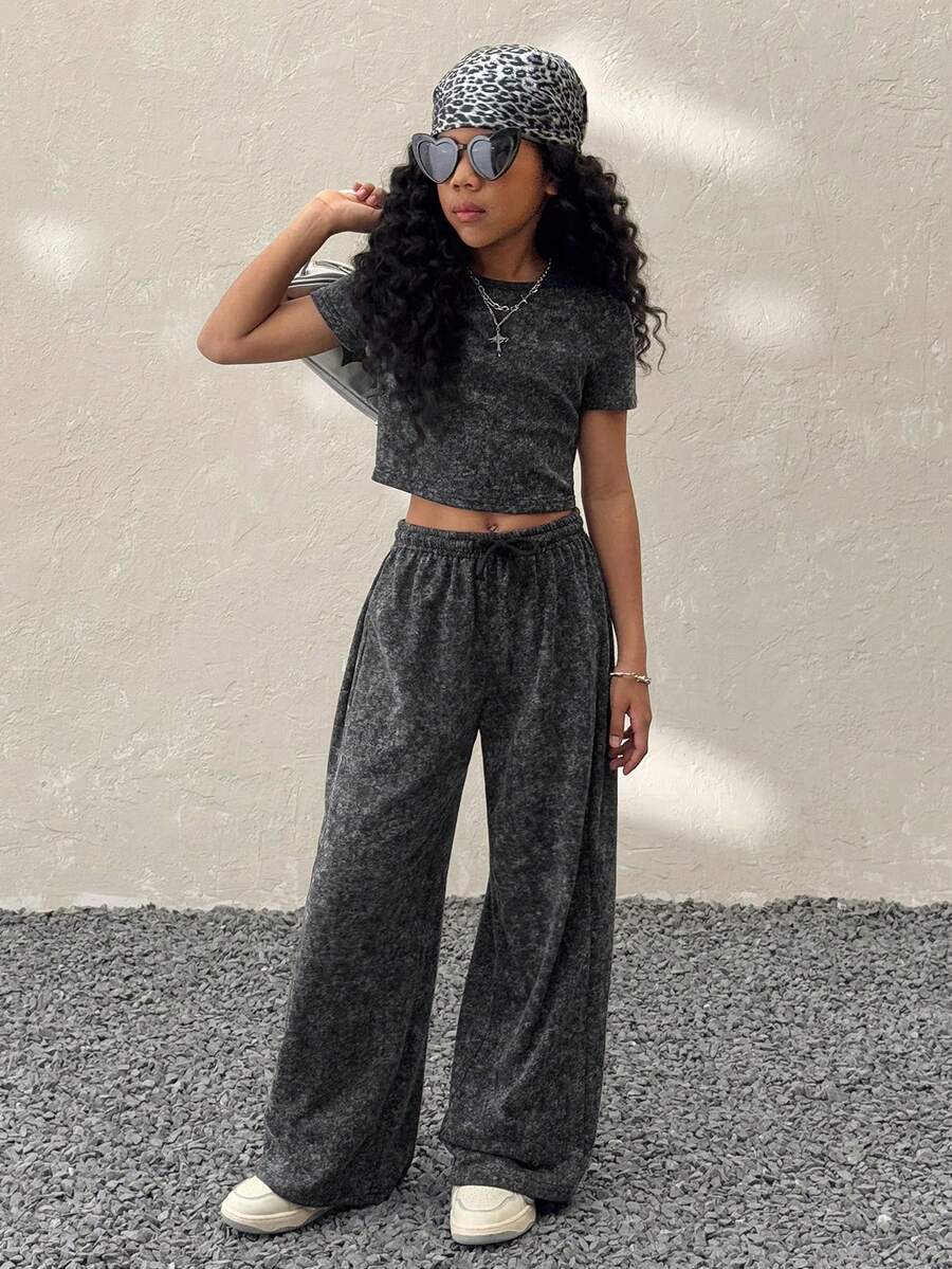 Tween Girls Spring/Summer Streetwear Minimalist Washed Grey Bustier Slim Fit Tees Straight Leg Baggy Mid Rise Straight Pants Two Pieces Outfits - Black - View 1