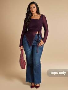 SHEIN BAE Camiseta de mujer talla grande de unicolor con cuello asimétrico, manga larga, dobladillo con cordón, dobladillo dividido, top de fiesta de té, top de mujer talla grande, top de verano para damas, top de fiesta para mujeres, Navidad, estilos acogedores de otoño e invierno, Acción de Gracias para mujeres, top de graduación, invierno para mujeres, top de noche, para mujeres talla grande, top formal, Año Nuevo, Día de San Valentín, top de cumpleaños talla grande, elegante, top sexy, top de cóctel - Café integral - Ver 4