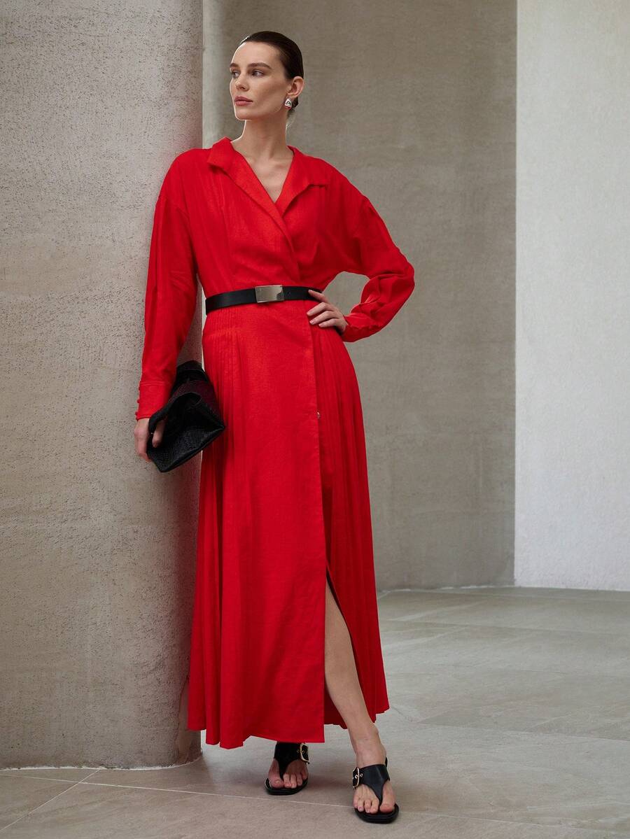 MOTF PREMIUM WOMEN'S FOLD PLEATED WAIST FLARED HEM LONG SLEEVE MAXI LINEN DRESS, SPRING/SUMMER