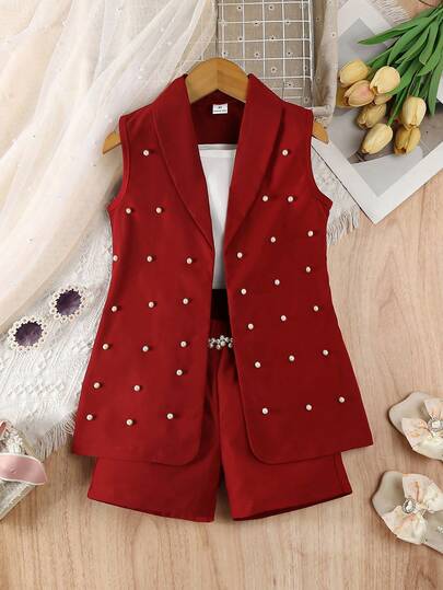 SHEIN Elladie kids 3pcs Girls Formal Set: Pink Blazer, Camisole, Pearl Decorated Shorts, Casual Elegant Summer Outfit Girls Blazer Set Red Kids Jacket Suit For Girls Girls Jacket Suit