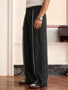 SWAVVY 标准尺码男士时尚条纹阔腿裤 细条纹裤 男士阔腿裤 褶裥裤 Manfinity裤 侧条纹裤 条纹裤 阔腿侧条纹裤 男士阔腿侧条纹裤 男士阔腿侧条纹运动裤 - 黑色 - 查看 5
