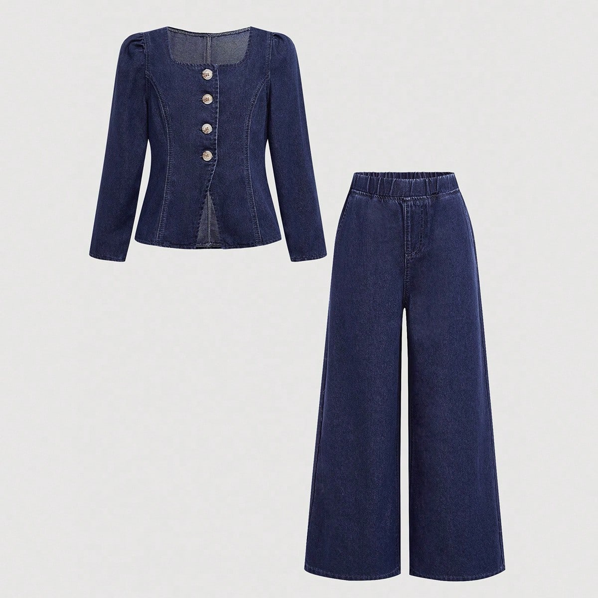 Conjunto de top de mezclilla ajustado con cuello cuadrado y botones y pantalones anchos de mezclilla para niña preadolescente, para uso casual y diar