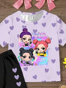 Spring And Summer Young Girls Casual Fashion Creative Personalized Refreshing Minimalist Cool Virtual Girl Group Colorful Pentagram Purple Heart Graphic Letter Slogan Print Casual Short T-Shirt And Flared Pants Set, Comfortable Daily Wear, Cozy Summer And Fall Styles Suitable For Spring, Summer, Autumn 2 Pc Girls Pants And Tops 11 Years Old Clothes For School Big T Shirt And Pants For Girl Flare Pants Set Kids - Multicolor - View 4