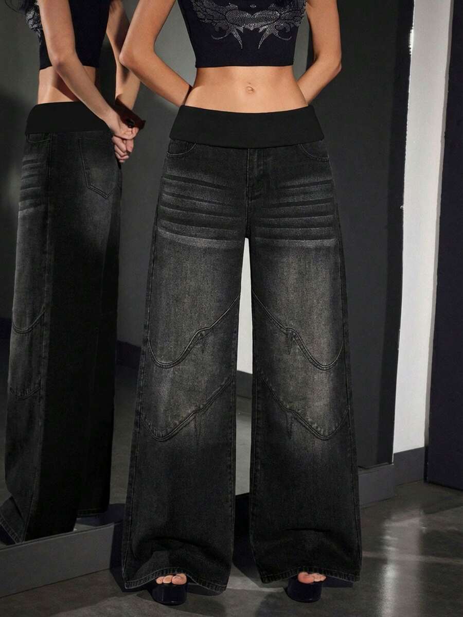 SHEIN ICON 女士口袋撞色休闲百搭通勤宽松牛仔阔腿裤 - 黑色 - 查看 1