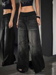 SHEIN ICON 女士口袋撞色休闲百搭通勤宽松牛仔阔腿裤 - 黑色 - 查看 5