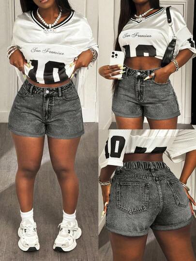 SHEIN SXY Shorts vaqueros cortos y versátiles con puños para mujer de talla grande