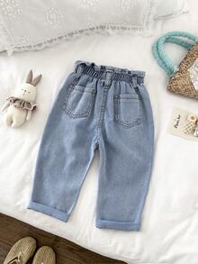 LMoss Kids 女婴黄色雏菊刺绣蓝色牛仔胡萝卜裤 - 淺色水洗藍 - 查看 8