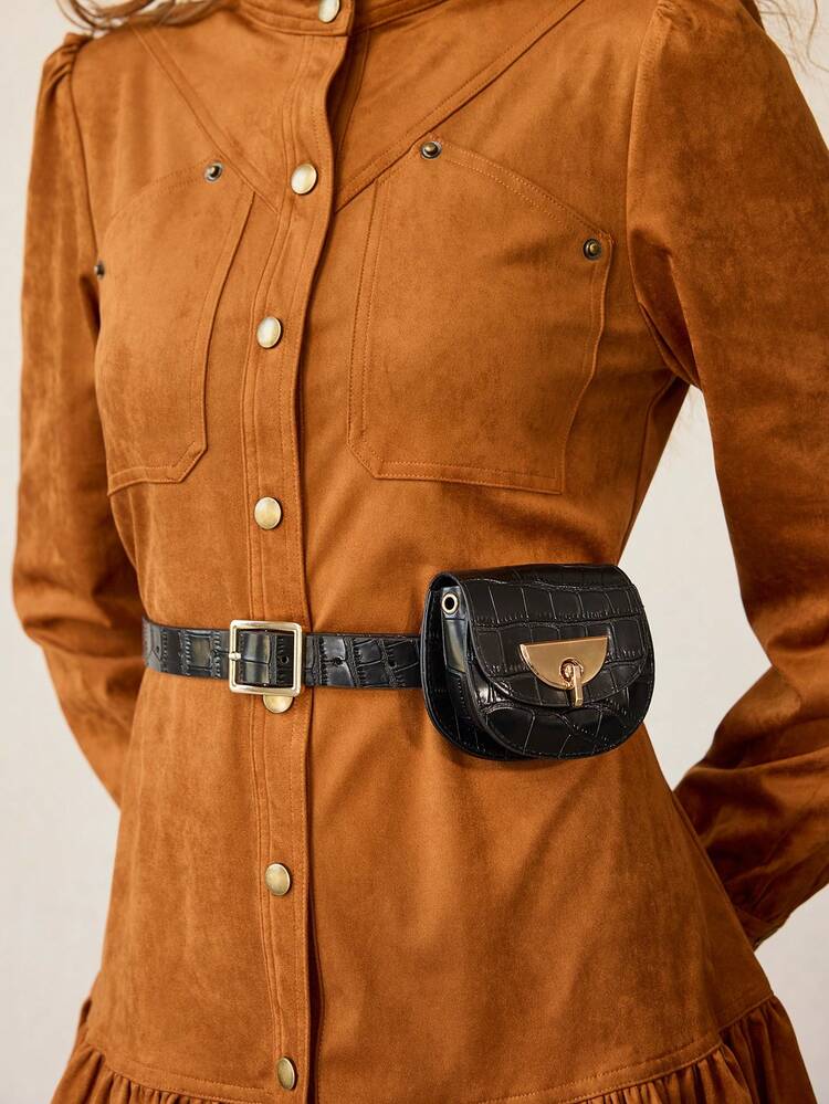 WOMEN CROCODILE PRINT SQUARE BUCKLE BELTS