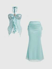 ROMWE Avant Summer Vacation Sexy Ocean Shell Decor Patchwork Hem Bandeau Mermaid Maxi Skirt Plus Size 2 Pieces Set - Baby Blue - View 1