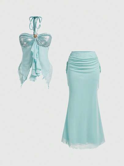 ROMWE Avant Conjunto de 2 piezas de falda de sirena con dobladillo de parche y parte superior tipo bandeau con decoración de conchas marinas, para vacaciones de verano