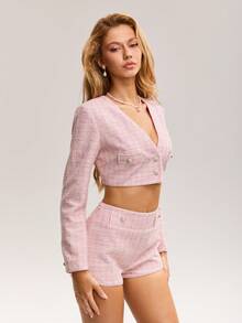 Sweetina 2件套女士情人节婚礼粉色性感格子单排扣长袖露脐上衣和短裤套装 - 粉色 - 查看 3