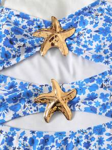 SHEIN Bộ đồ bơi liền thân màu đen dành cho bé gái tuổi teen, kiểu dáng thường ngày, có dây đeo rời, điểm nhấn là hình sao biển rỗng, xếp ly, thích hợp cho kỳ nghỉ hè hoặc đi biển. - màu đen - Xem 4