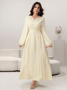 Yasmyna Elegant V-Neck Ruffle Trim Waist Fitted Flared Apricot Arabic Style Dress For Women - Apricot - View 5
