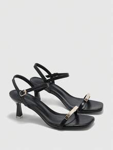 CUCCOO BIZCHIC Women Shoes Brown Square Toe Kitten Heel Sandals, Simplistic Commute Style Metal Strap Decor, Fashion Blogger Versatile Valentine's Day - Black 1 - View 7