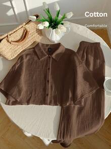 Comfortcana Women's Woven Linen Shirt And Pants Set, Coffee Brown, Spring/Summer Brown Two Piece Set Women Brown Clothes Coffee Brown Dress Brown Summer Dress Shirt And Skirt Set - Brown - View 3